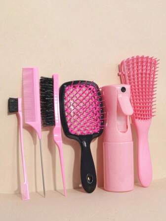 1/3/5/6/7pcs Hairdressing Comb Set, Brush Wet Dry Curling Brush, Suitable For Natural 3/4 Abc Curly Hair, Superfine Spray Spray Bottle Hairdressing Brush Mouse Tail Comb Edge Brush, Used For Edge And Back Brush, Used For Thick And Thin Hair Care, Hairstyling Tools