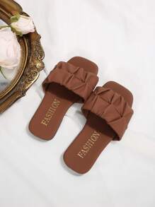 儿童时尚户外拖鞋，方头平底鞋，一体式凉鞋，新款时尚优雅简约欧美女童鞋，高端沙滩拖鞋 - 棕色 - 查看 4