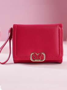 Women Short Zipper Tri-Fold Wallet With Butterfly Metal Decor Fashion New Multi-Card Slot Handheld Coin Purse Wallet Purse Wallet Mini Wallet Small Wallet - Burgundy - View 2