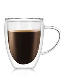Taza de café de vidrio aislada de doble capa con asa, taza aislada de doble pared con tapa, disponible en tamaños de 250ml/350ml/450ml, adecuada para café, capuchino, latte, bebidas calientes y frías, ideal para el Día de la Madre, Pascua, Navidad, reuniones familiares, fiestas de cumpleaños