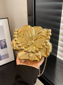 A Golden Solid Color Crossbody Shoulder Bag With Detachable Chain, Magnetic Buckle Unlined Handbag, Y2K Style Acrylic Flower Dinner Bag, Suitable For Women, Exquisite Floral Bag For Women , Gold Bag - Gold - View 1