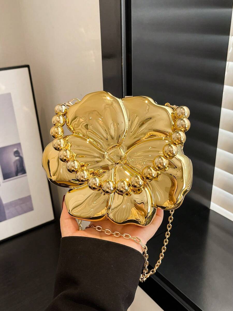 A Golden Solid Color Crossbody Shoulder Bag With Detachable Chain, Magnetic Buckle Unlined Handbag, Y2K Style Acrylic Flower Dinner Bag, Suitable For Women, Exquisite Floral Bag For Women , Gold Bag - Gold - View 1