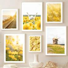 1 pieza de girasol de primavera, molino de viento de limón, casa de campo, flores amarillas, paisaje, carteles, arte de pared, pintura en lienzo para pasillo, decoración interior del hogar, sin marco