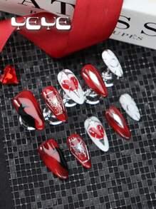 Transform Your Nails With 10pcs Almond Shape Japanese Style Red White Valentine's Day Heart Creative Full Coverage Fake Nail Set European Style Butterfly Sweet Love Funny Full Cover Acrylic False Nail Kit For Women And Girls Nordic With 1pc Mini Nail File & 1 Sheet Adhesive Tabs