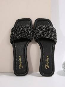 新款加大码奢华防滑方头珍珠装饰拖鞋，时尚百搭沙滩度假女鞋，春夏穿搭 - 黑色 - 查看 4