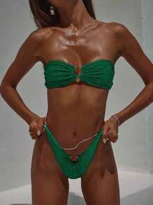Biquíni Bandeau Sexy Cor Sólida para Mulheres - Verde - Ver 2