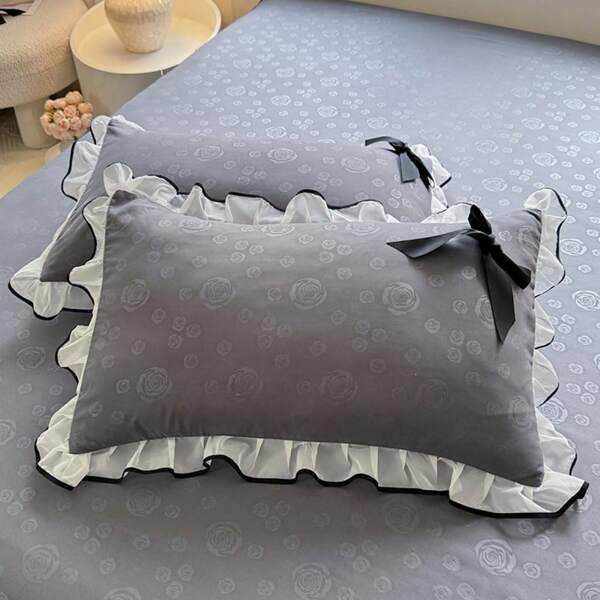 2pcs Bowknot Lace Ruffle Pillowcase Set (No Filling Included) - Skin-Friendly Bedding