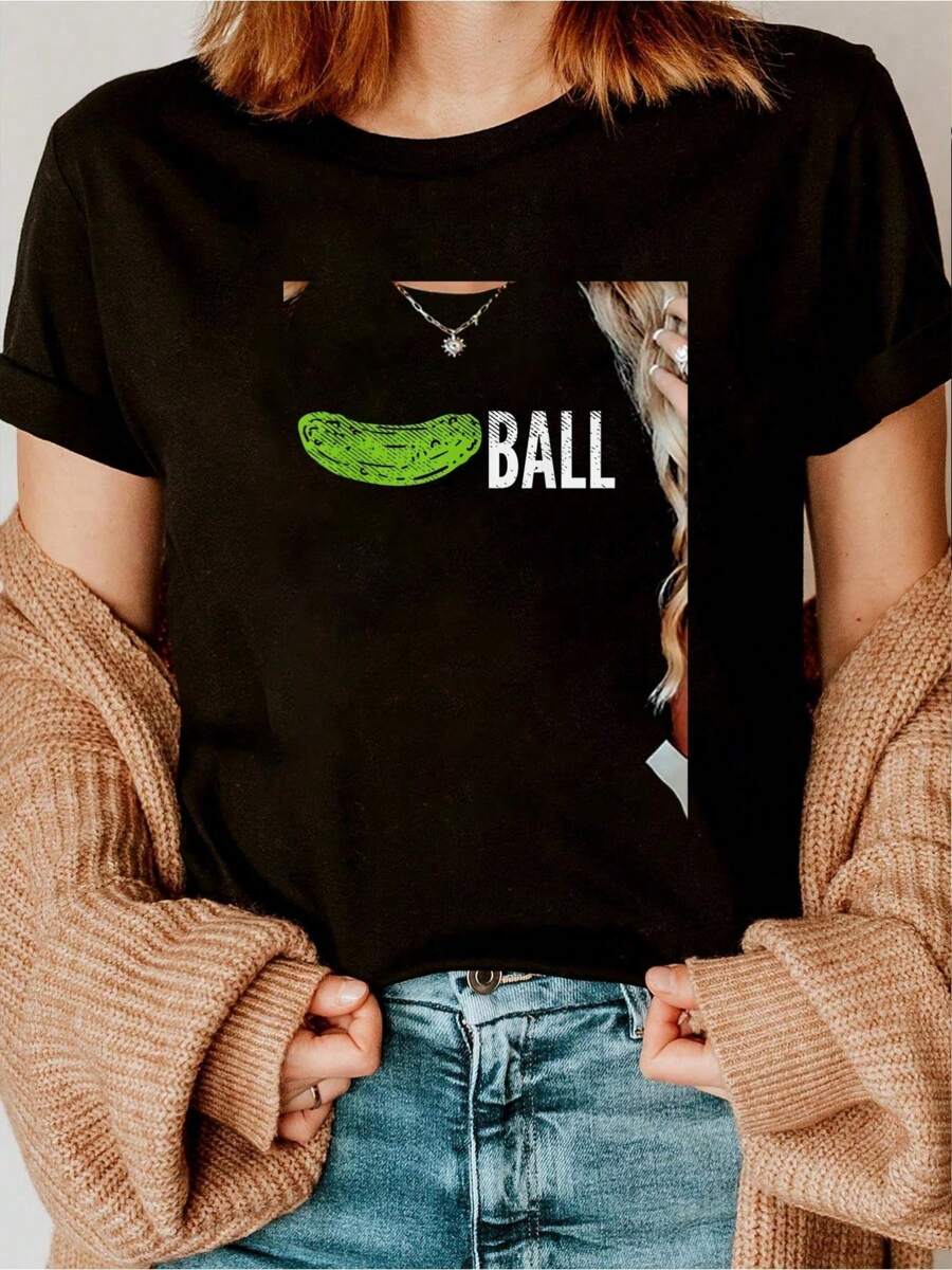 Pickle Ball Funny Pickleball Sport Pun Player Men Women Gift T-Shirt Printed T-Shirt, Short-Sleeved Crew Neck Casual Top, Suitable For All Seasons, Women's Wear- Comfortable, Relaxed Fit, Printed Graphic Tee For  Sport Lovers - Black - View 1