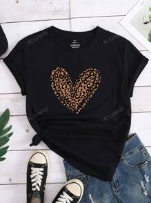Maglietta casual da donna, Maglietta a maniche corte in misto poliestere per signore, Maglietta casual da donna a maniche corte con stampa leopardata a cuore, top nero da donna, abbigliamento primaverile ed estivo