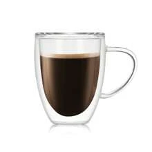 Taza de café de vidrio aislada de doble capa con asa, taza aislada de doble pared con tapa, disponible en tamaños de 250ml/350ml/450ml, adecuada para café, capuchino, latte, bebidas calientes y frías, ideal para el Día de la Madre, Pascua, Navidad, reuniones familiares, fiestas de cumpleaños