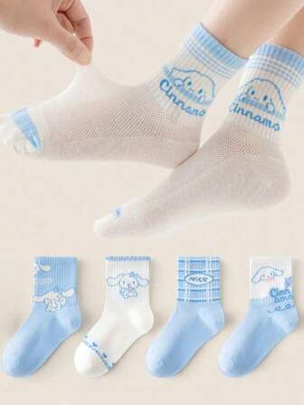 Sanrio Serie Sanrio, 5 pares de calcetines para niños, perros azules de orejas grandes, aptos para primavera y verano, adecuados para niñas y niños, de malla transpirable, alegres, Y2K, suaves y cómodos calcetines juveniles.
