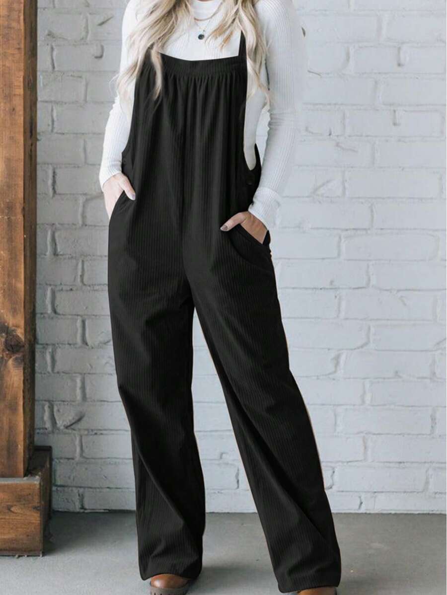 Solid Pocketed Loose Fit Corduroy Overall