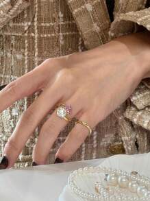 1pc Fashion Pink Cubic Zirconia Gold Open Ring, Suitable For Women's Daily Wear