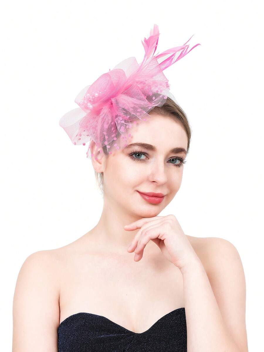 头饰帽子花朵网眼丝带羽毛头带和夹子茶会头饰适合女孩和女士 - 粉色 - 查看 1