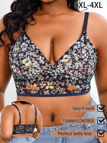 Lencería sujetador con encaje y estampado floral, cómodo y sin aros, para mujer talla grande