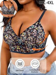 Lencería sujetador con encaje y estampado floral, cómodo y sin aros, para mujer talla grande