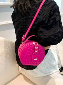 Women Mini Small Round Bag Crocodile Handbag Retro Crossbody Bag - Hot Pink - View 3