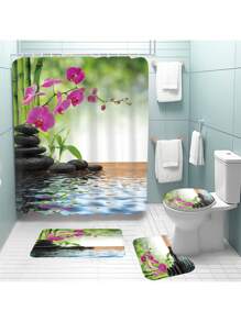 1pc/4pcs Bamboo Waterfall Pattern Shower Curtain Set, Waterproof Shower Curtain With 12 Hooks, Bathroom Rug, U-Shape Toilet Mat, Toilet Lid Cover, Bathroom Divider, Bathroom Accessories, Bathroom Decor