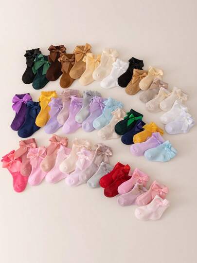 10 Pairs Random Baby Bow Socks, Solid Color Baby Mid-Calf Socks, Cute Girls Vertical Stripe Elastic Socks, Minimalist Adorable Children Socks, Suitable For Daily Wear, Outings, Gifts