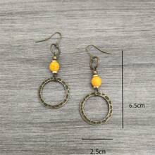 1 par de pendientes con colgante de círculo hueco vintage y decoración de turquesa falsa, joyería bohemia adecuada para uso diario o como regalo de fiesta