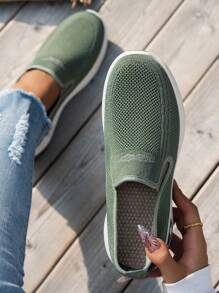 Einfarbige, atmungsaktive Damen-Sneaker, leichte Slip-On-Wanderschuhe mit weicher Sohle, niedrige Strick-Lässig Schuhe - Grün - Übersicht 3