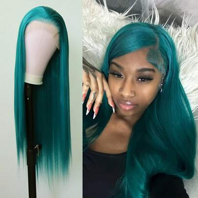 Peluca frontal de encaje recta de 13x4 pulgadas de color verde oscuro, material sintético, cabello liso y largo, fibra resistente al calor, peluca frontal de encaje sin pegamento, pre-arrancada, con cabello de bebé, línea de cabello natural, encaje transparente de alta definición de 24 pulgadas, regalo para mujeres