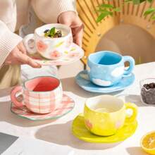 300ML Cute Hand Pinched Irregular Ceramic Mug Flower Heart Pattern Coffee Cup Breakfast Milk Tea Cups Gift For Kids Girls