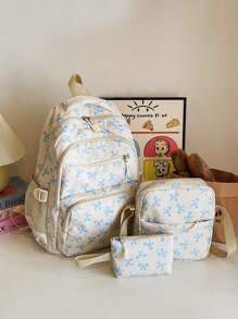 3 件套米色尼龙蝴蝶结印花多口袋可折叠防水拉链背包，适合青少年、高中生/大学生、女士日常、上学、培训、通勤、购物、旅行、情人节礼物 - 米色 - 查看 4