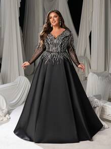 Faeriesty Plus Size V-Neck Long Sleeve Beaded A-Line Evening Gown | Formal Dress With Intricate Embellishments (Gala, Wedding Guest, Prom, Evening Party, Black Tie) - 黑色 - 查看 4