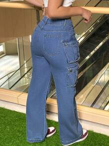 Plus Size Women's Cargo Pocket Straight Leg Jeans Pants - 中等水洗藍 - 查看 2