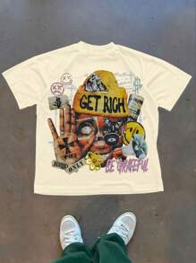 BE GRATEFUL, Get Rich, Street Wear, Y2K, (Cotton Graphic T-Shirt)  Men's Summer Round Neck Short Sleeved Casual Pure Cotton Print Tee - 杏色 - 查看 1