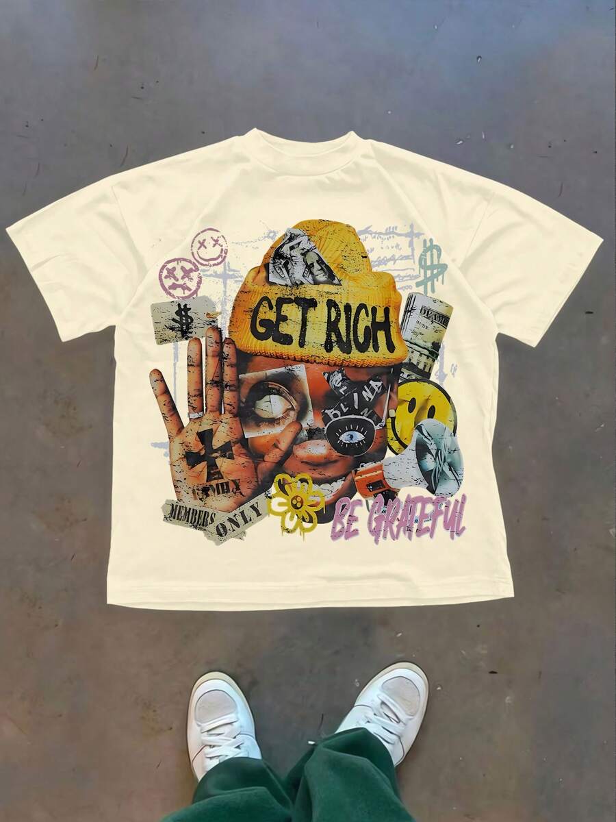 BE GRATEFUL, Get Rich, Street Wear, Y2K, (Cotton Graphic T-Shirt)  Men's Summer Round Neck Short Sleeved Casual Pure Cotton Print Tee - 杏色 - 查看 1