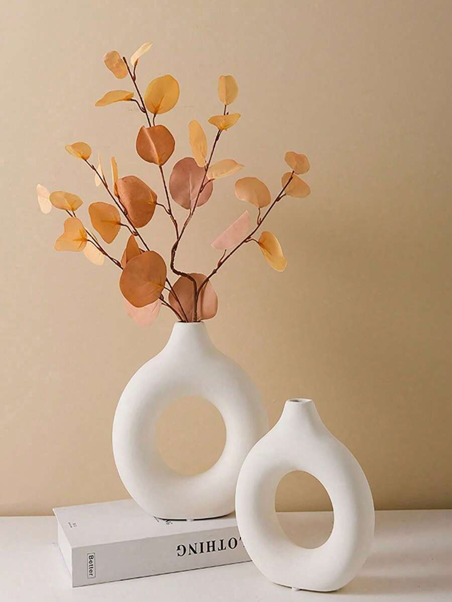 1pc Plastic Solid Color Flower Vase Doughnut Shaped,Modern Abstract Design Flower Vase,Flower Arrangement Container, Neutral Boho Nordic Minimalism Style Flower Vases Decoration, For Flowers, Pampas Grass, Table, Bookshelf, Mantle, Living Room, Bedroom, Office, Wedding Party Decoration. Gifts Birthday Graduation