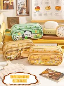 1 Large-Capacity Pencil Case, Cute Cartoon, Three-Layer Canvas Stationery Box For Students, High Appearance Level, Dirt-Resistant Pencil Case, Transparent Visible Hand-Held Stationery Bag, Washable Storage Bag,Pencil Pouch,School Bag, School Supplies,Back To School