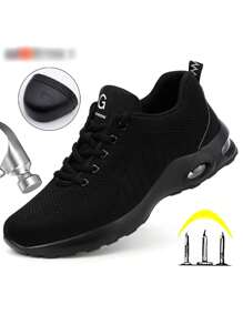 Letnie buty z poduszką powietrzną, wygodne, oddychające trampki robocze dla mężczyzn i kobiet, buty z metalowymi noskami, buty ochronne z zabezpieczeniem przed przebiciem i rozbiciem, unisexowe buty robocze - Czarne - Zobacz 2