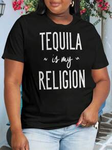 Tequila Is My Religion Funny Alcohol Oversize Women T-Shirt For Women (Big Sizes Available) - Black - View 1
