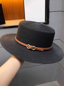 Sunscreen Hat, Summer Straw Hat Big Brim Woven Wide Brim Sun Hat British Flat Top Beach Cap, Fashion Personalized Versatile Solid Color Bohemian Polyester (Polyester) Wind And UV Protection Hat, Spring & Summer - Hat - View 3