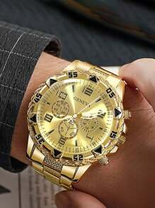 High-End Business Oversized Dial Triple Eye Steel Bracelet Watch, Blue Tinted Glass, Round Dial, Ideal Gift For Men