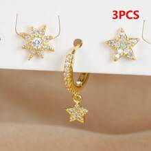 3pcs/Set Boucles d'oreilles pendentif étoile & lune plaquées or 18K, style femme, incrustées de zirconium cubique, boucles d'oreilles à tige en cuivre et acier inoxydable, boucles d'oreilles à vis, bijoux de perçage du cartilage - Ensemble de boucles d'oreilles 3 pièces - Voir 11