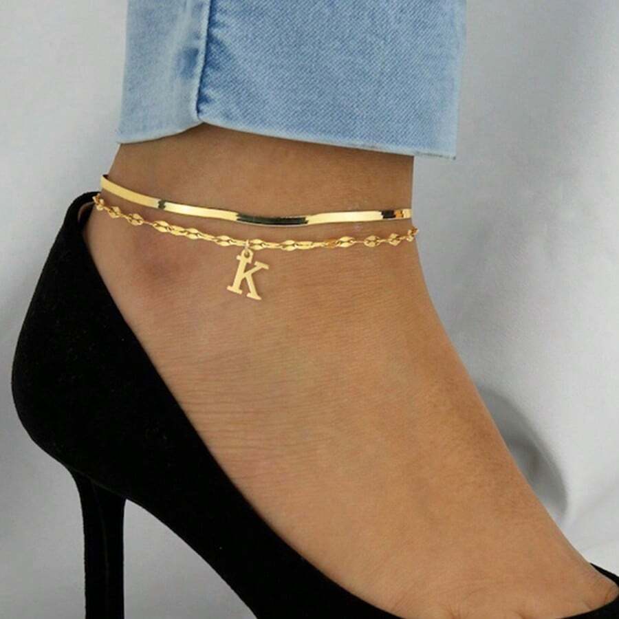 Set de 2 nuevos tobilleras clásicas de acero inoxidable dorado con cadena de espiga y cadena con forma de labios, para mujeres - Amarillo Oro - Ver 1