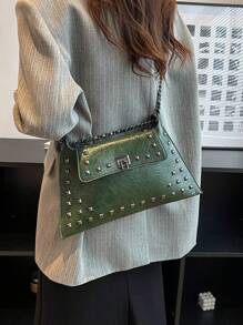 Retro Fashion Simple Rivet Messenger Bag, Ladies Casual Commuter Envelope Shoulder Bag Crossbody Bag - Green - View 1