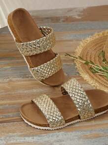 男女童户外厚底拖鞋夏季新款圆头面料编织设计时尚大方时尚儿童复合底拖鞋 - 金色 - 查看 6