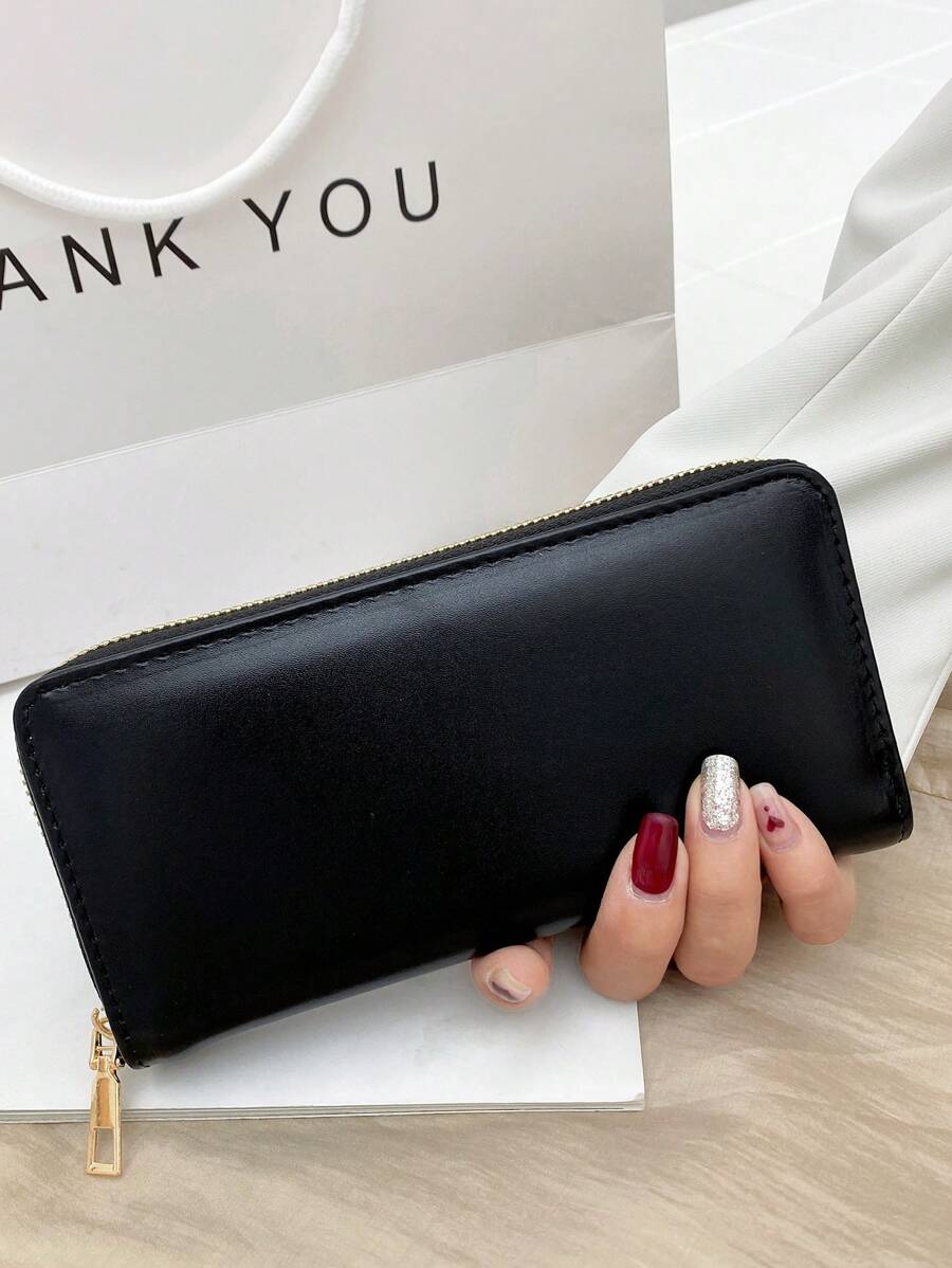 High Quality Women's Solid Color PU Leather Simple Fashionable Clutch Wallet For Gift Giving Wallet Purse Wallet Long Wallet,Wristlet Keychain - Black - View 1
