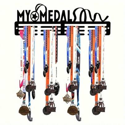 1pc, 13.78inch X 4.53inch Iron Medal Display Rack, Wall Mounted Medal Holder With 12 Hanging Bars - Holds Up To 60 Medals, Sturdy Black Letter Silhouette Design For Sports Awards And Achievements