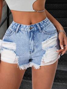 Women's Summer Solid Color Super Short Distressed Ripped Hem Sexy Denim Shorts - Blue - View 5