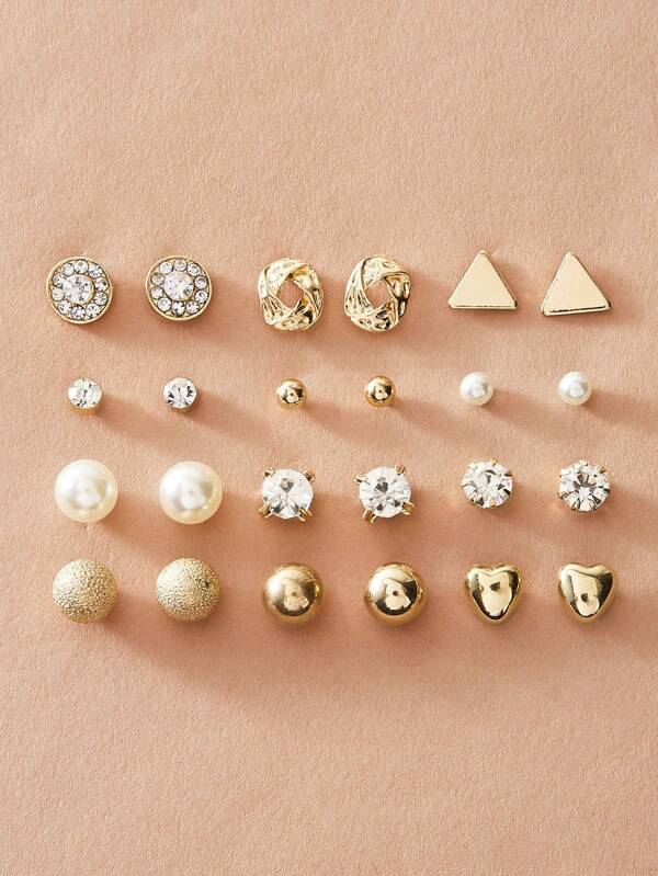 12 Pairs Geometric Multicolor Rhinestone & Pearl Triangle Stud Earrings Set