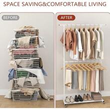 Perchero de ropa de doble barra, organizador de ropa rodante con ruedas para colgar ropa, fácil de montar, ajustable, blanco - Blanco - Ver 8