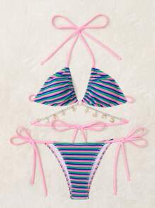 Summer New Style Street Casual Colorful Striped Plush Silver Metal Chain Small Shell Accessory Necklace Bikini Set - Multicolor - View 2