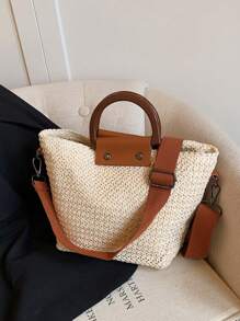 1 件时尚休闲通勤简约度假风格纯色草编轻便多功能通勤女士草编沙滩手提包适合户外度假旅游休闲购物与时尚服饰搭配