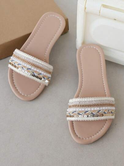 2025夏季新款女童亮片人字拖，平底，休闲，透气，轻便，舒适沙滩拖鞋